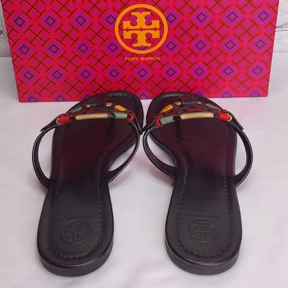 TORY BURCH 'MILLER' LEATHER THONG SANDALS EMBROIDERED W/'TB' BOX - Picture 8 of 16